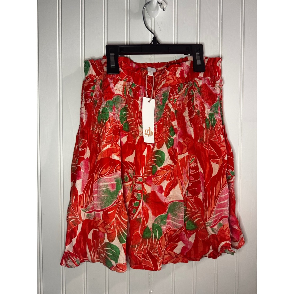 GB Girls Red Tropical Leaf Print Smocked Mini Skirt Size L NWT